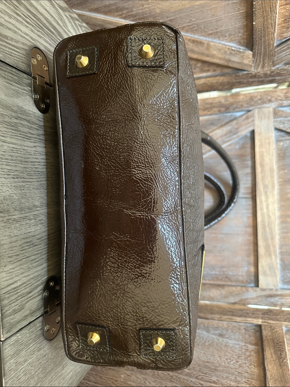 Goldenbleu Made in Italy Vintage Dark Brown Patent Leather Gold Stars Satchel - Picture 9 of 14